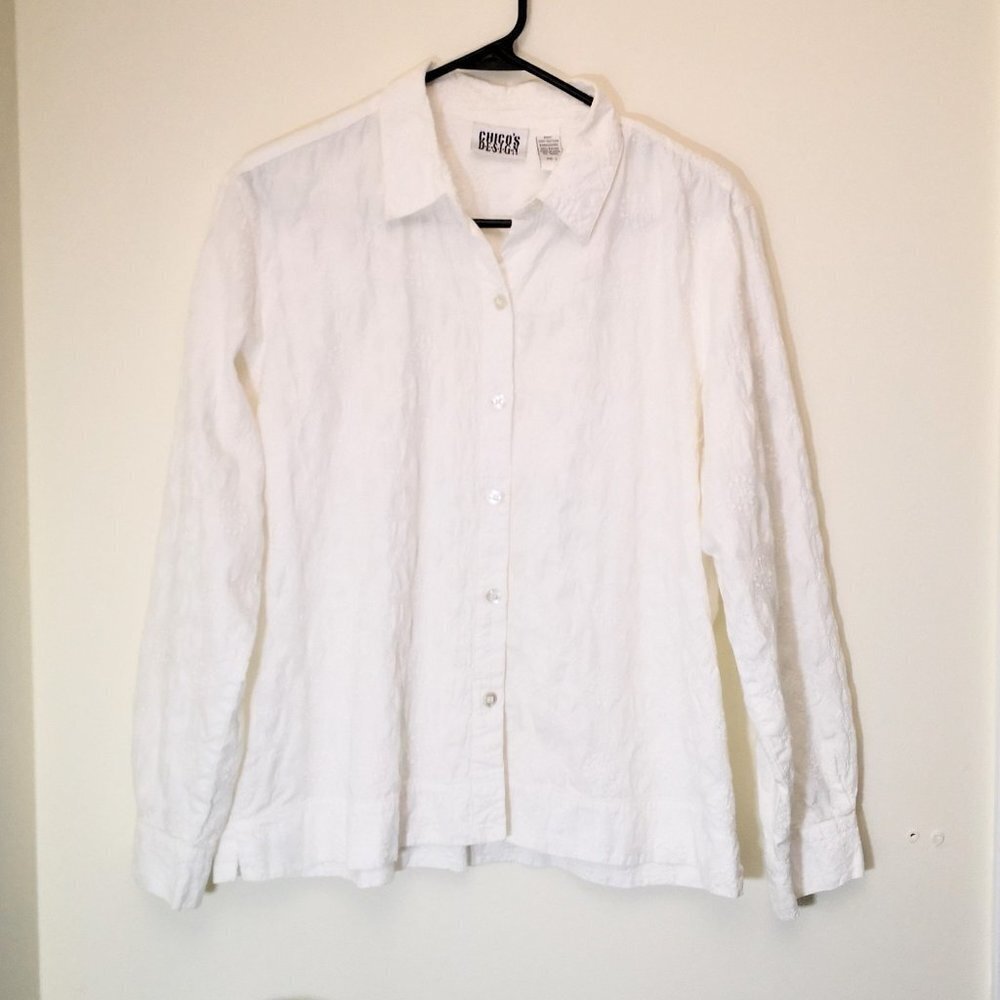 Chico's Designs White Embroidered‎ Cotton Button Down Blouse Size 2 US 12-14